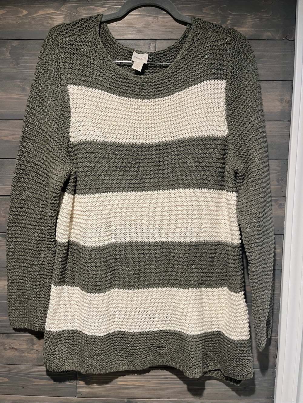 Chico’s Olive and Cream Wide-Stripe Knit Pullover Sweater XL